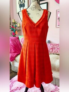 Trina Turk  A Line Pleated Tweed Fringe Shendi Dress Size 6